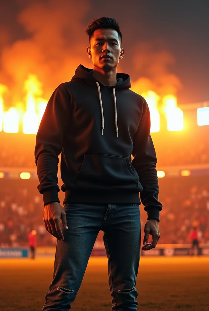 hyper-realistic Indonesian man wearing a hoodie, jeans, and casual shoes ,model rabbit (short slicked back) background the fiery atmosphere of Bung Karno Stadium