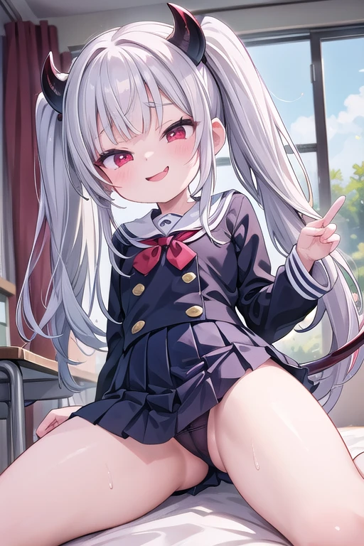 solo、wearing a school uniform, Whole body、Young face、long silver Hair、long Twin tails、Spoiled brat、Immature body、(Small breasts)、smile、Sweat、(Thick thighs:1.5)、(little demon horns and tail)、red eyes、Backwards、looking at viewer、Open mouth、double teeth、fang、blushing and sticking out her cute tongue, tongue out、sensational、Back view, Character portrait, (spread eagle position)、(M-shaped leg spread)、(School classroom)、sexy panties