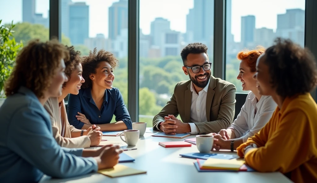 Ultra realistic happy workers have a conversation.
