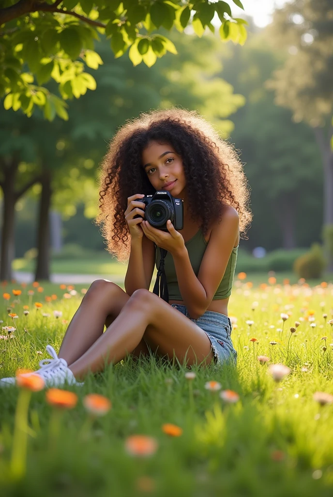 A brunette girl with curly hair and big breasts sits with her legs stretched out, taking a realistic photo