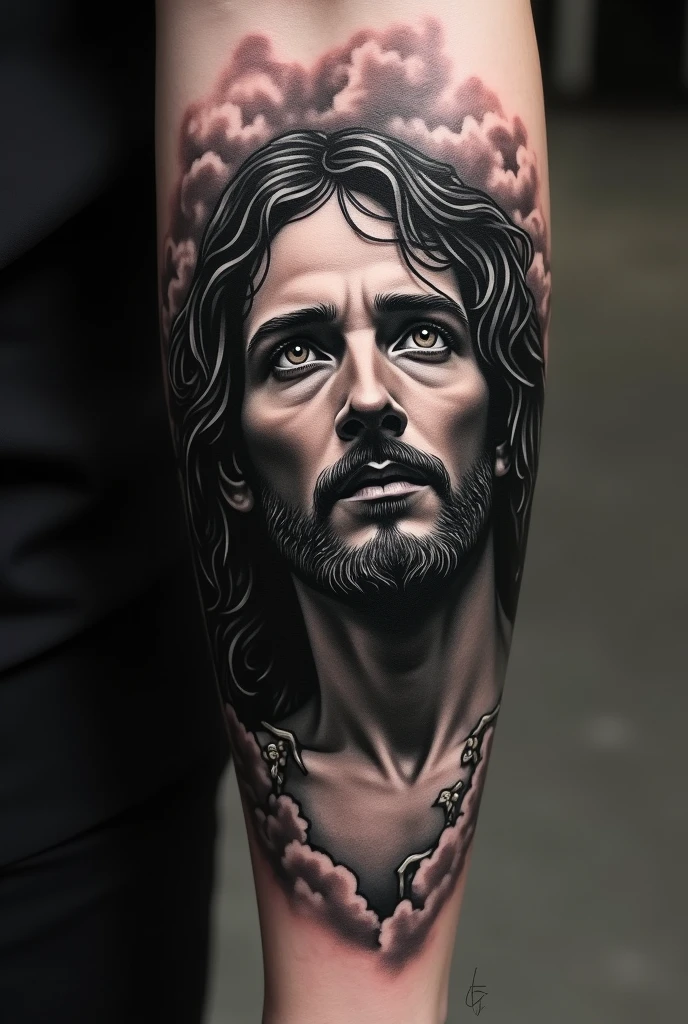black and grey tattoo of Jesus before being crucified