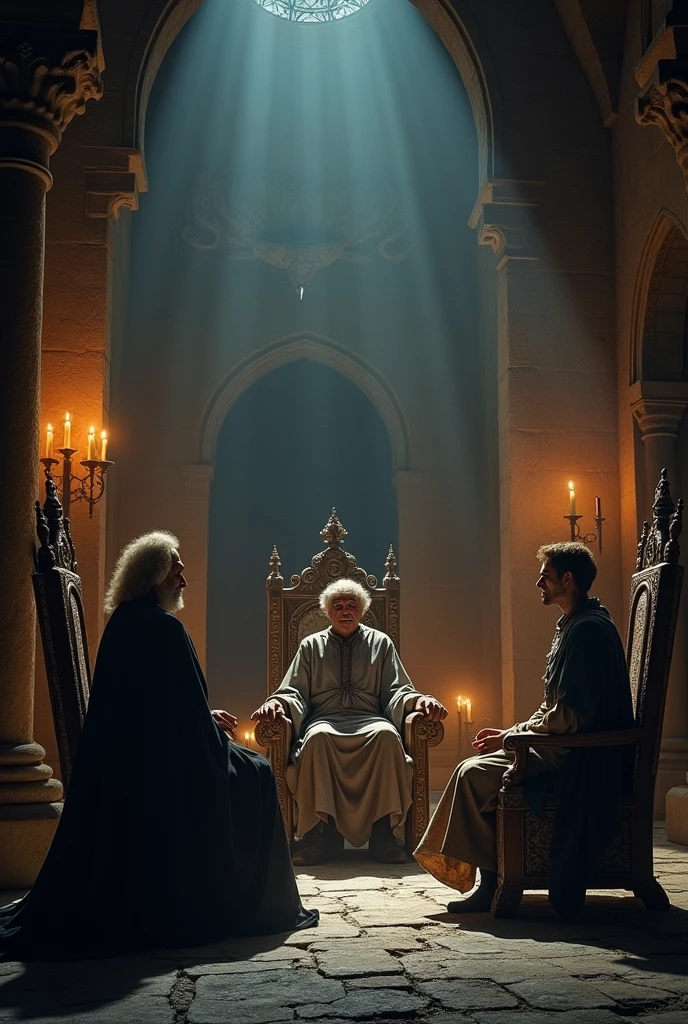 ### **Scene 2: The Prophecy is Revealed**
**Setting:** The royal throne room, dimly lit, with a sense of foreboding.
- **Adjectives:** Gloomy, ominous
- **Verbs:** Listening, worrying
- **Description:** King Amara and Queen Lila sit on their thrones, their faces filled with concern as a mysterious old sage, cloaked in dark robes, reveals the prophecy. The room is shadowy, with flickering torches casting eerie light on the stone walls. Prince Samir stands beside them, unaware of the danger foretold.