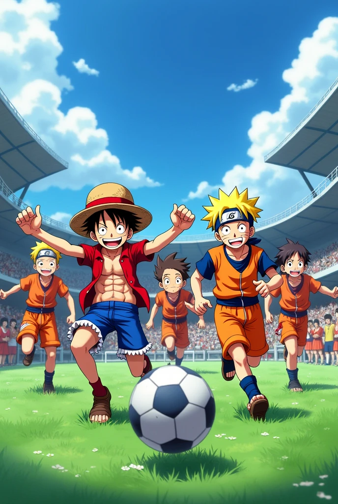 Create an image of 3Luffy ,3Naruto and 3 goku playing football