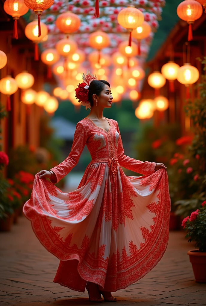 a beautiful woman wearing traditional Mandar clothes, red and white with an Indonesian birthday theme