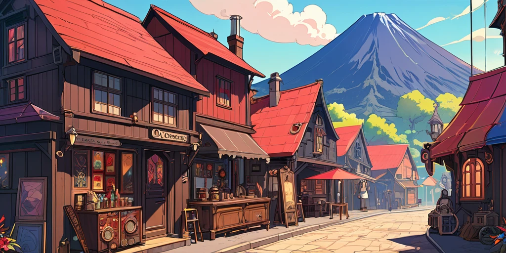 Draw a lofi anime poster, village, volcan, Steampunk Decoration, faire, lumière, a beautiful color palette in black red, couleurs saturées vibrantes, ouvrages d'art, days, animated theme