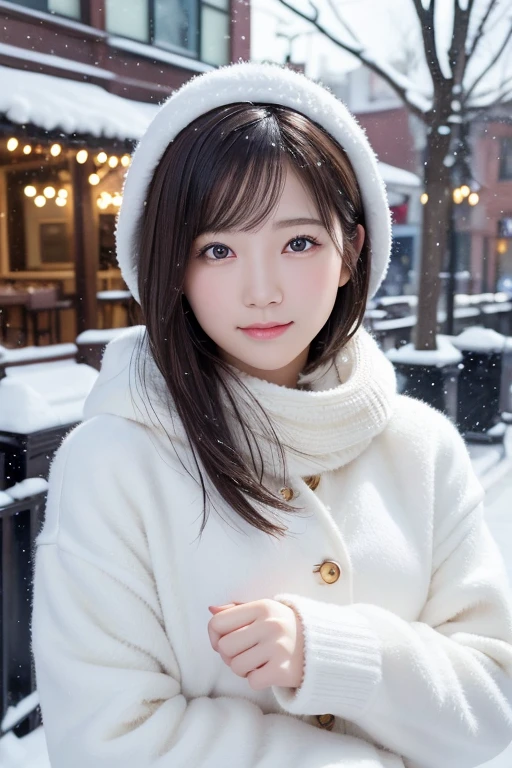 masterpiece、Highest quality、High resolution、Japanese women、(RAW Photos, Highest quality), (reality, Realistic:1.4) Tabletop、reality的、Stereoscopic lighting、Professional Lighting、Face Light、Smooth lighting、sexy、Sunburned skin、very detailed eyes and face, Beautiful and detailed nose, beautiful eyes, Perfect Anatomy、Bobcut、Brunette Hair、Iris、Gazing silently at the falling snow. Christmas streetscape、Cute muffler、Smiling in her winter outfit