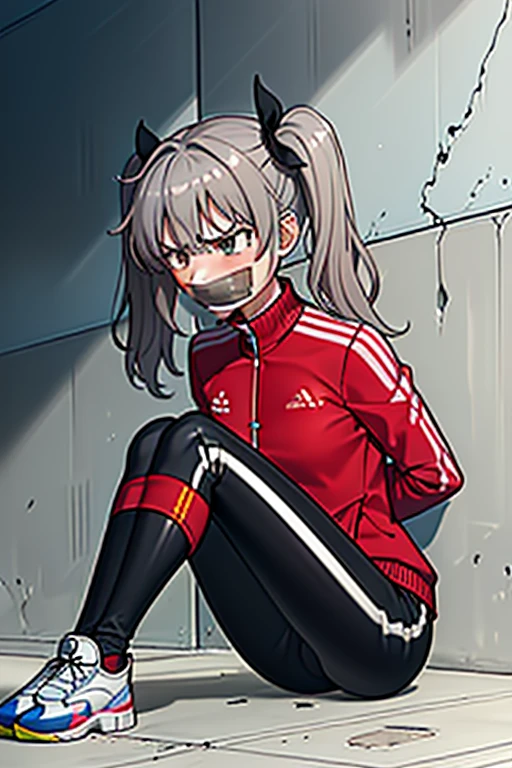 ((1 girl)), ((twin tails)), (sexy),  ((simple_background)), ((concrete floor, concrete wall)), ((underground room)), ((arms behind back)), ((scowl)), ((sitting on the knees)), ((tape gag)),  ((helpless)), ((calm)), ((struggling)), (blue tracksuit,tracksuit,tights pants, long black pants)