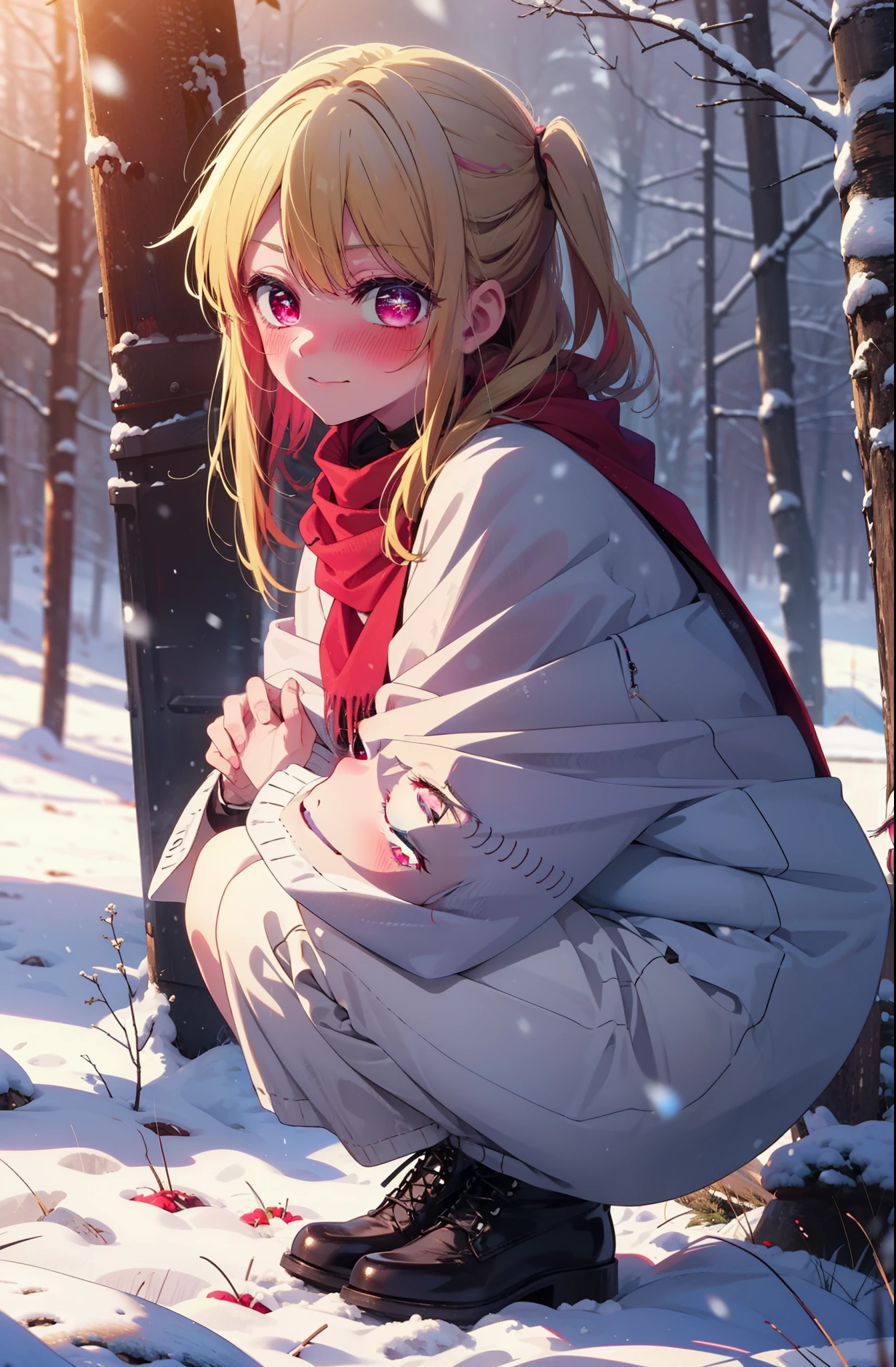 rubyhoshino, Hoshino Ruby, Long Hair, bangs, Blonde, (Pink Eyes:1.3), Side Lock, (Symbol-shaped pupil:1.5), Multicolored Hair, Two-tone hair, smile,,smile,blush,white breath,
Open your mouth,snow,Ground bonfire, Outdoor, boots, snowing, From the side, wood, suitcase, Cape, Blurred, , forest, White handbag, nature,  Squat, Mouth closed, Cape, winter, Written boundary depth, Black shoes, red Cape break looking at viewer, Upper Body, whole body, break Outdoor, forest, nature, break (masterpiece:1.2), Highest quality, High resolution, unity 8k wallpaper, (shape:0.8), (Beautiful and beautiful eyes:1.6), Highly detailed face, Perfect lighting, Highly detailed CG, (Perfect hands, Perfect Anatomy),