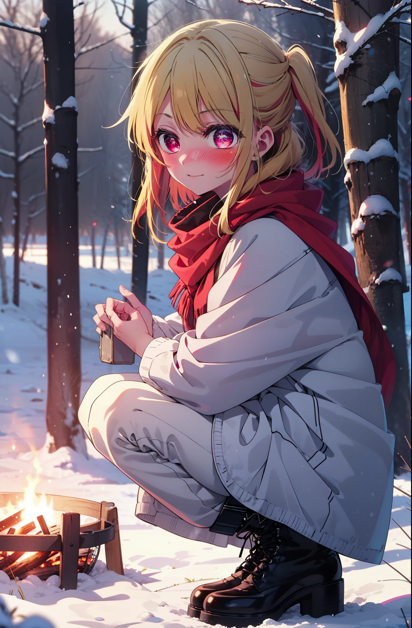 rubyhoshino, Hoshino Ruby, Long Hair, bangs, Blonde, (Pink Eyes:1.3), Side Lock, (Symbol-shaped pupil:1.5), Multicolored Hair, Two-tone hair, smile,,smile,blush,white breath,
Open your mouth,snow,Ground bonfire, Outdoor, boots, snowing, From the side, wood, suitcase, Cape, Blurred, , forest, White handbag, nature, Squat, Mouth closed, Cape, winter, Written boundary depth, Black shoes, red Cape break looking at viewer, Upper Body, whole body, break Outdoor, forest, nature, break (masterpiece:1.2), Highest quality, High resolution, unity 8k wallpaper, (shape:0.8), (Beautiful and beautiful eyes:1.6), Highly detailed face, Perfect lighting, Highly detailed CG, (Perfect hands, Perfect Anatomy),