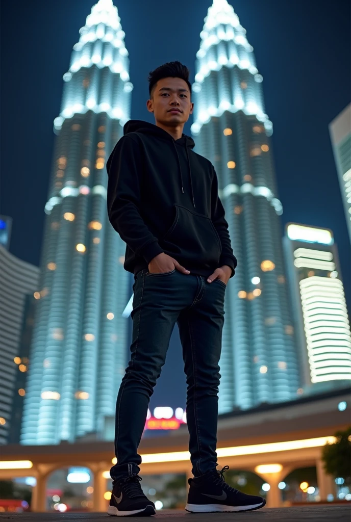 hyper-realistic pria indonesia memakai hoodie dan celana jeans sepatu casual ,model rambit (short slicked back) background menara petronas
