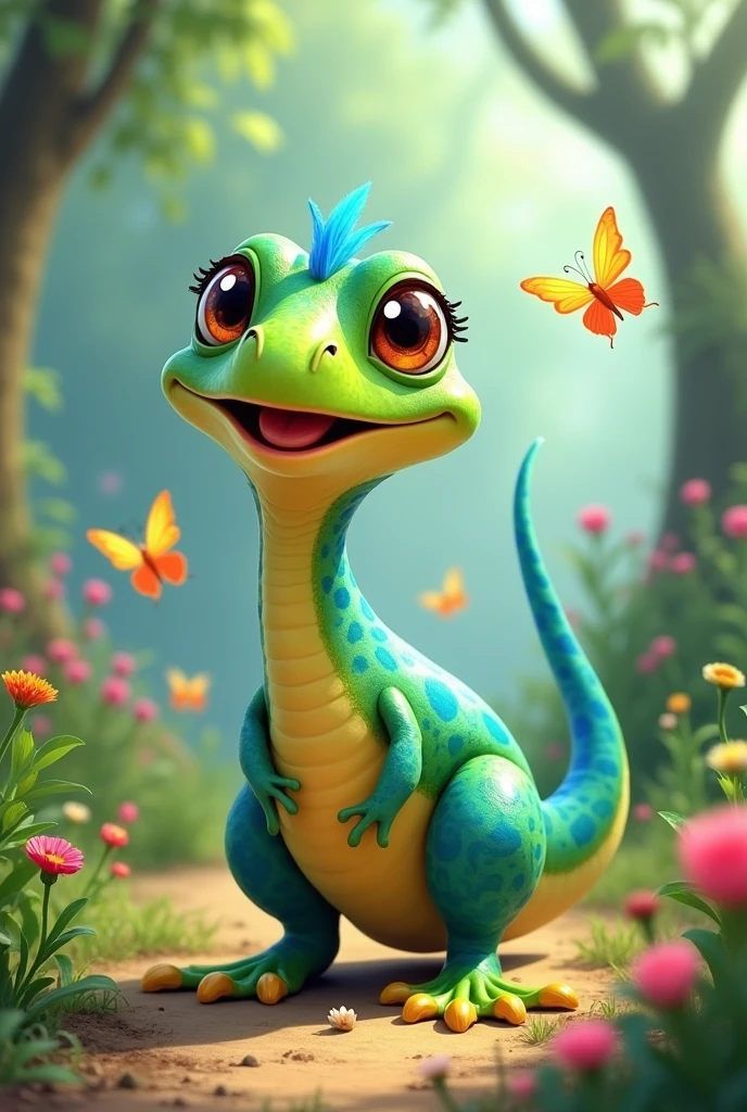 Make a sauropod with a frog spiece both mixture make it more cuter and smiling and make it like a cartoon make the body green and blue