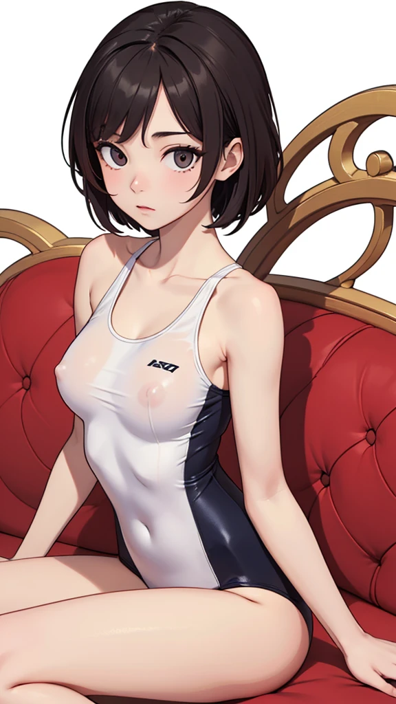 (((masterpiece, best quality, ultra highres, 1 girl, solo, white background))), super detailed skin and face and eyes and finger, cute japanese woman, small breasts, skinny, light brown hair, very short hair, knee shot, white background, 2D anime, boyish, expressionless, cartoon,  Various poses, Please draw the entire character within the frame, ensuring that the head, arms and legs are not cut off, with the character positioned centrally, expressionless, nipples, female genitals visible through tight clothing, Sheer clothes, white one-piece swimsuit, sitting, spread legs, 