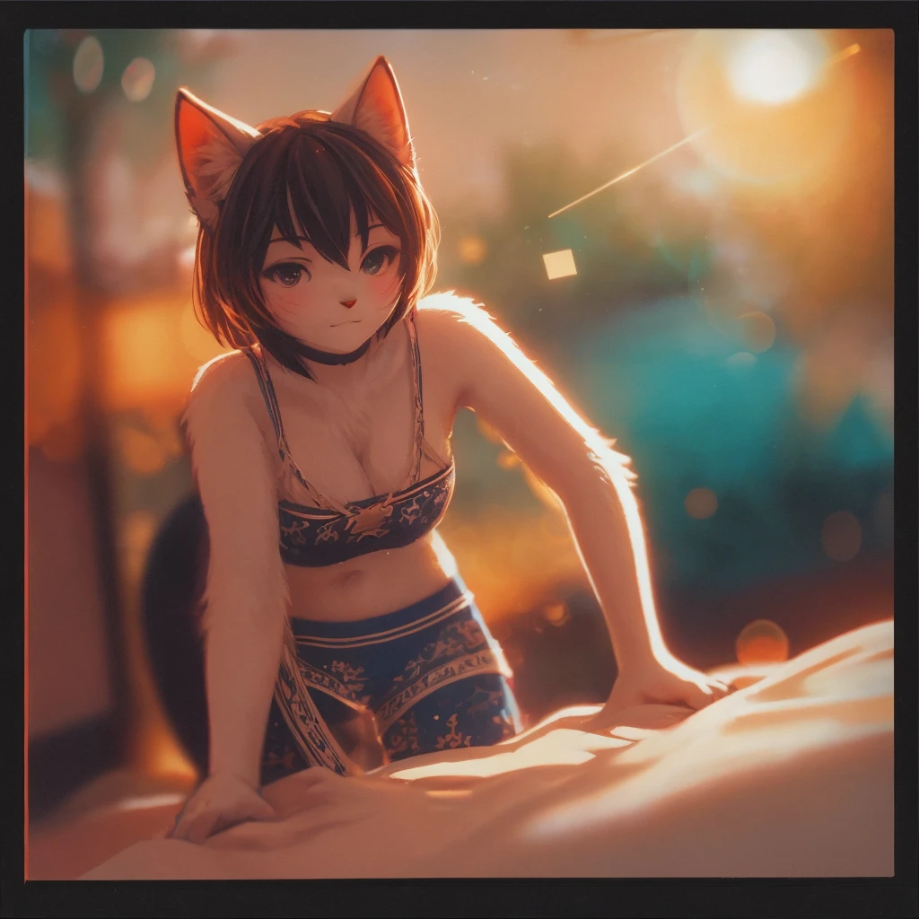 (Sumilux f1.4 36mm , Polaroid , low Latitude old color negative film , cross process , (bokeh), Long exposure , blur , flare, chromatic aberration , (soft focus), (Shallow focus) , soft glow , Maximum aperture, low Key , Transparent depiction , Tyndall:1.3) , Intoxication female cat , Blank look , in the bedroom , dim light , messy underwear , bend over , I feel like throwing up