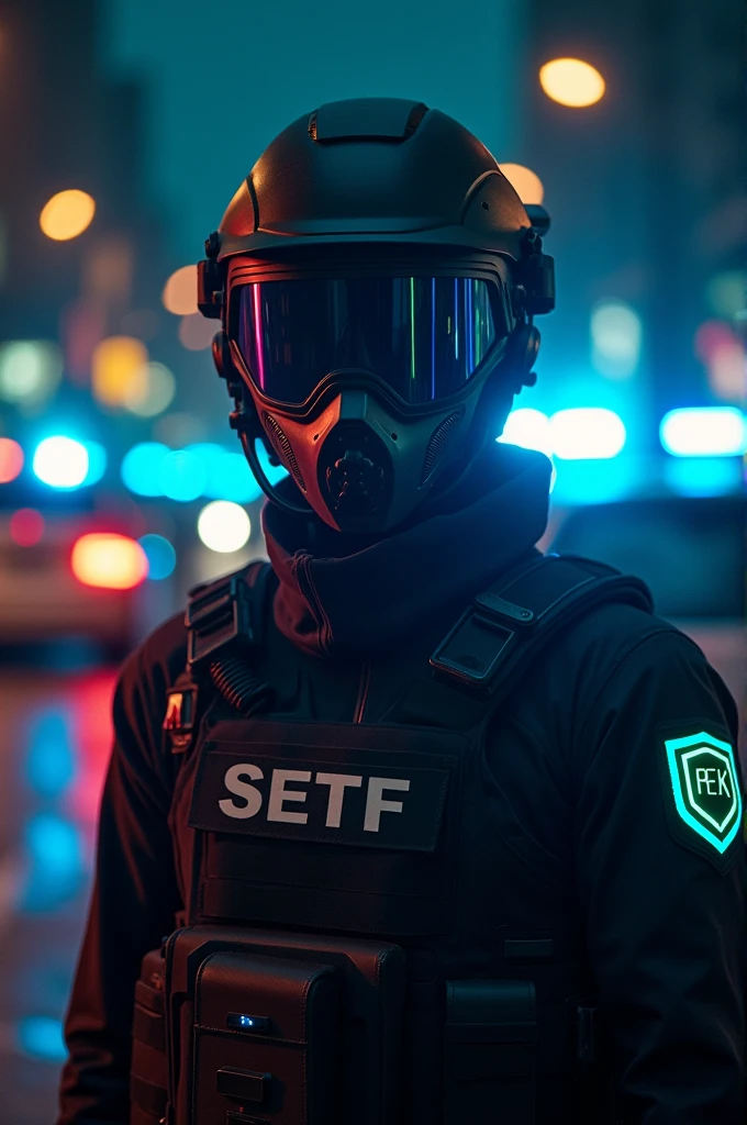 Create a picture of a SEK officer with a neon mask on his face whose uniform says HSTF. The background should be covered with blue lights from police cars