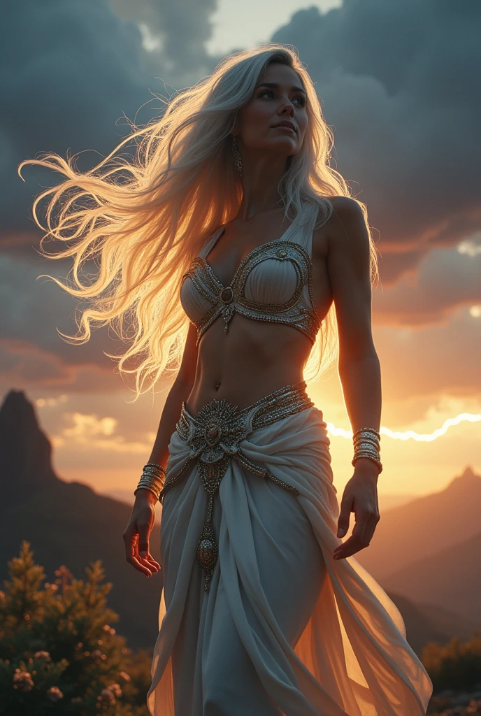 full in HD 4k 3D 8k, hyperrealisti, beautiful enchanted athletic goddess, ethereal Greek goddess, ridiculously long platinum black hair (((blowing in the wind))), full body surrounded by ambient glow, lightning, magical, highy detailed, intrikate, beautiful superhero style, tempest, exterior landscape, highly realistic woman, high fantasy background, chic, mythical, surreal lighting, majestic, goddess aura, Annie Leibovitz style