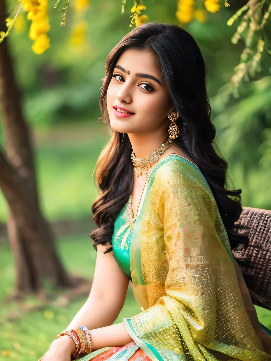 8K, ultra high detailed, an indian girl, cute face, happy, long hair, impressive hairstyle, detailed eyes, detailed lips, indian clothes, saree, yello saree, lace, wearing jewellery, nature background, beautiful flowers, morning, shadow, beautiful clear weather, whole body capture, seating with cat