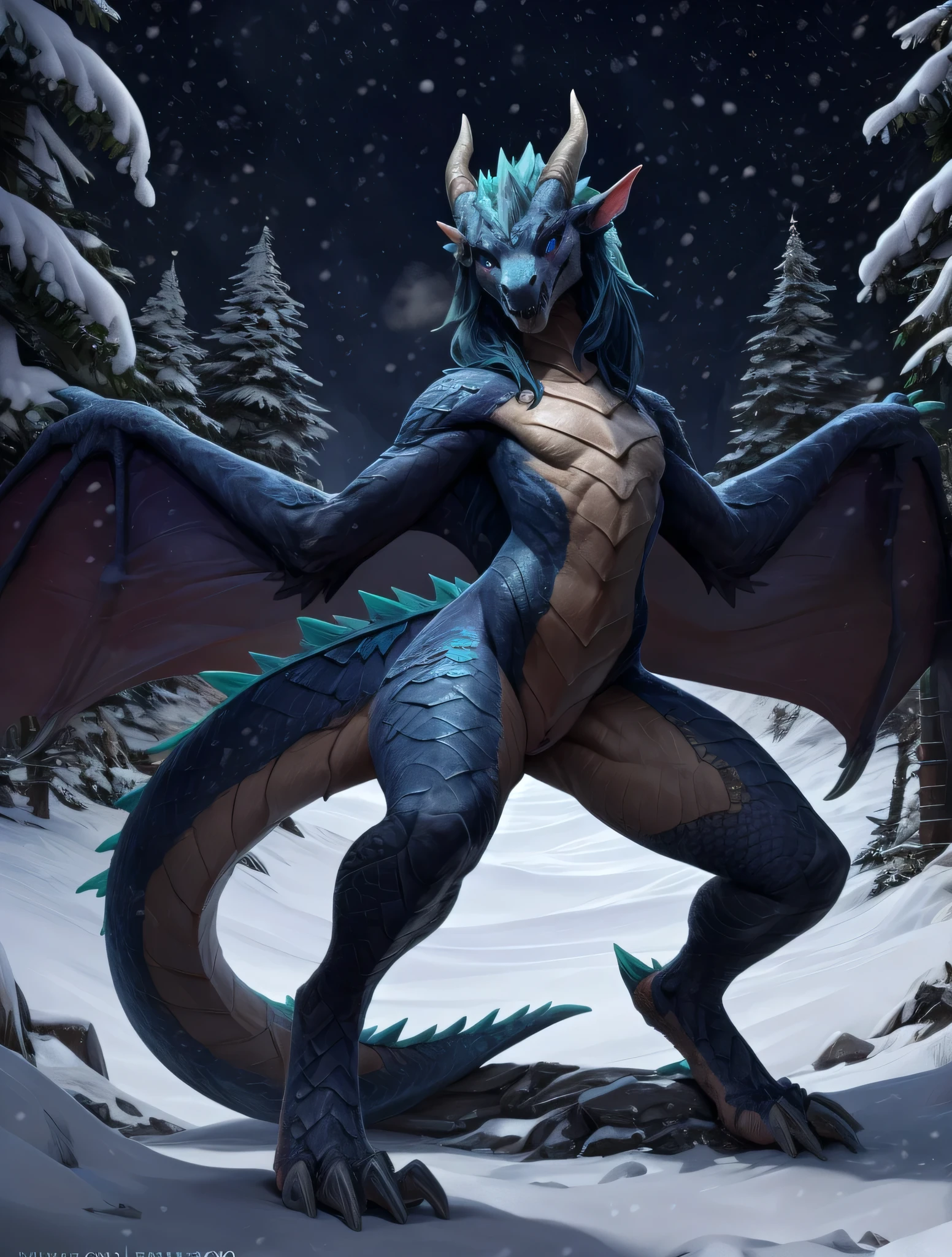 hi res, 8k, (masterpiece), soft shading, ultra detailed, detailed realistic painting, hdr, dslr, good anatomy, (masterpiece:1.2),(Portrait:1.5),scaled skin texture, female, blue dragon eyes, (slit pupils:1.3), glowing eyes, ice Horns, Scales on face, AurothDOTA wyvern, Dr490nSc4leAI, (winter forest background), (Night:1.3), (snowing:1.4), detailed background, depth of field, (detailed Bonifasko lighting), anatomically correct, [by syuro, by paloma-paloma::0.2] (solo:1.1), Shangri-La, gobo light, rim light, volumetric light, looking at viewer menacingly, looking down, legs spread wide, tall body, blue body, blue claws, blue hair, blue horn, blue scales, blue sclera, blue teeth, butt, claws, clothing, detailed background, dialogue, female, feral, fur, hair, licks her teeth, horn, standing, tall, looking down, looking at viewer, narrowed eyes, outside, paws, scales, seductive, solo, tail, talking to viewer, teeth, thick tail, thick thighs, breath misting, breath pluming, animal genitalia, cloaca, horizontal cloaca, genitals, panties aside, topwear armor, legwear armor, panties, piercing, membranous wings, focus on face, ((flat chested))