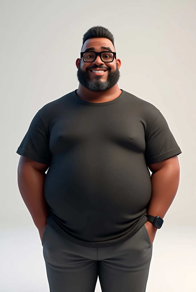Create a full-body stylized 3D cartoon character of a middle-aged black man with a slightly overweight build. Render the character in a 'Pixar-like' or '3D Cartoon' style using 'Arnold Maya' or 'Keyshot Toon' engines for high-quality animation. Ensure the rendering includes detailed textures, detailed skin, a clay-like finish, and bokeh effects at 8K resolution (or the highest available). Use cinematic lighting with soft, diffused light to enhance skin details, and set the focus to be sharp, with the character fully in focus, and apply bokeh effects if there's any background (which should be transparent). Position the camera at a frontal angle to capture the character's face and full body. The character should have a friendly expression but without a smile, very short hair without a topknot, a trimmed and sparse beard with white hairs on the chin, two prominent vertical wrinkles on the forehead between the eyebrows, and a dark brown skin tone with a warm undertone. He should be equipped with modern black reading glasses, an oversized black t-shirt, dark gray pants without a belt, and a black smartwatch on his wrist.