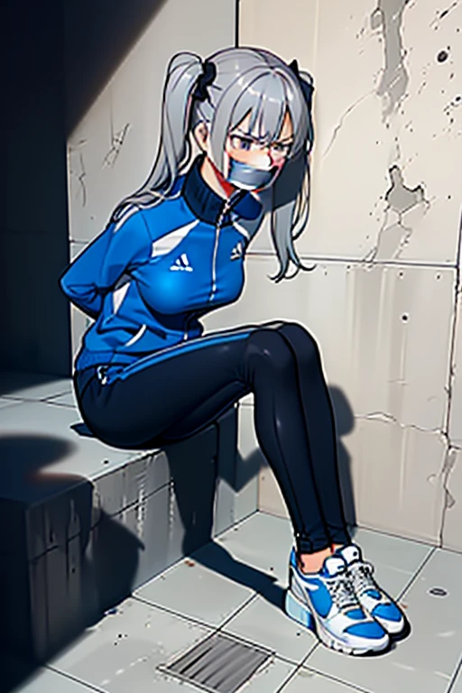 ((1 girl)), ((twin tails)), (sexy),  ((simple_background)), ((concrete floor, concrete wall)), ((underground room)), ((arms behind back)), ((scowl)), ((sitting on the knees)), ((tape gag)),  ((helpless)), ((calm)), ((struggling)), (blue tracksuit,tracksuit,tights pants, long black pants)