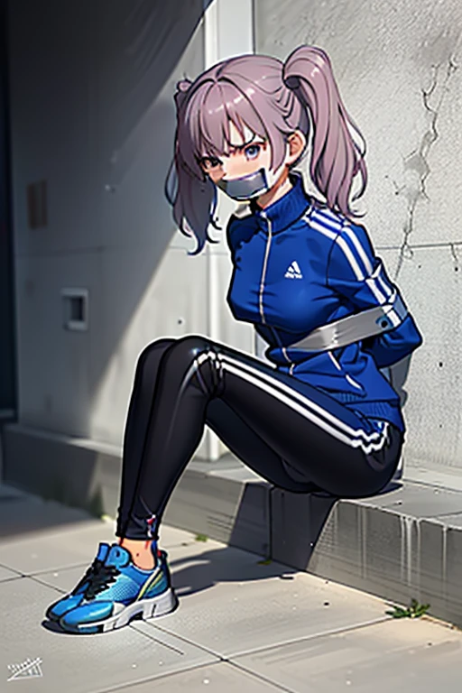 ((1 girl)), ((twin tails)), (sexy),  ((simple_background)), ((concrete floor, concrete wall)), ((underground room)), ((arms behind back)), ((scowl)), ((sitting on the knees)), ((tape gag)),  ((helpless)), ((calm)), ((struggling)), (blue tracksuit,tracksuit,tights pants, long black pants)