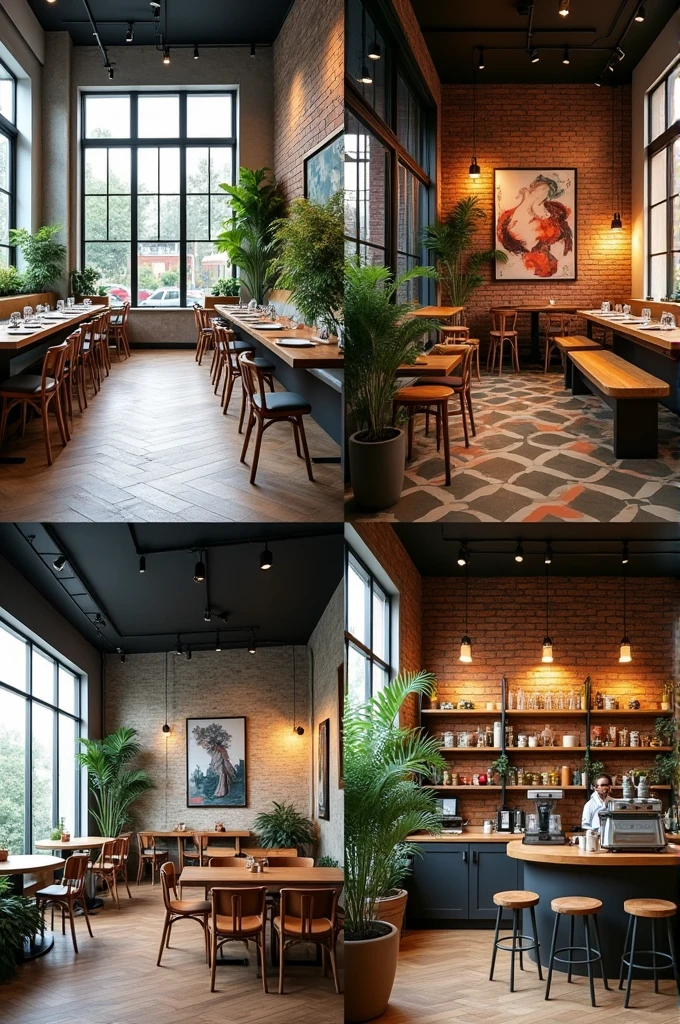 Provide 4 photos of trendy coffee shop designs.