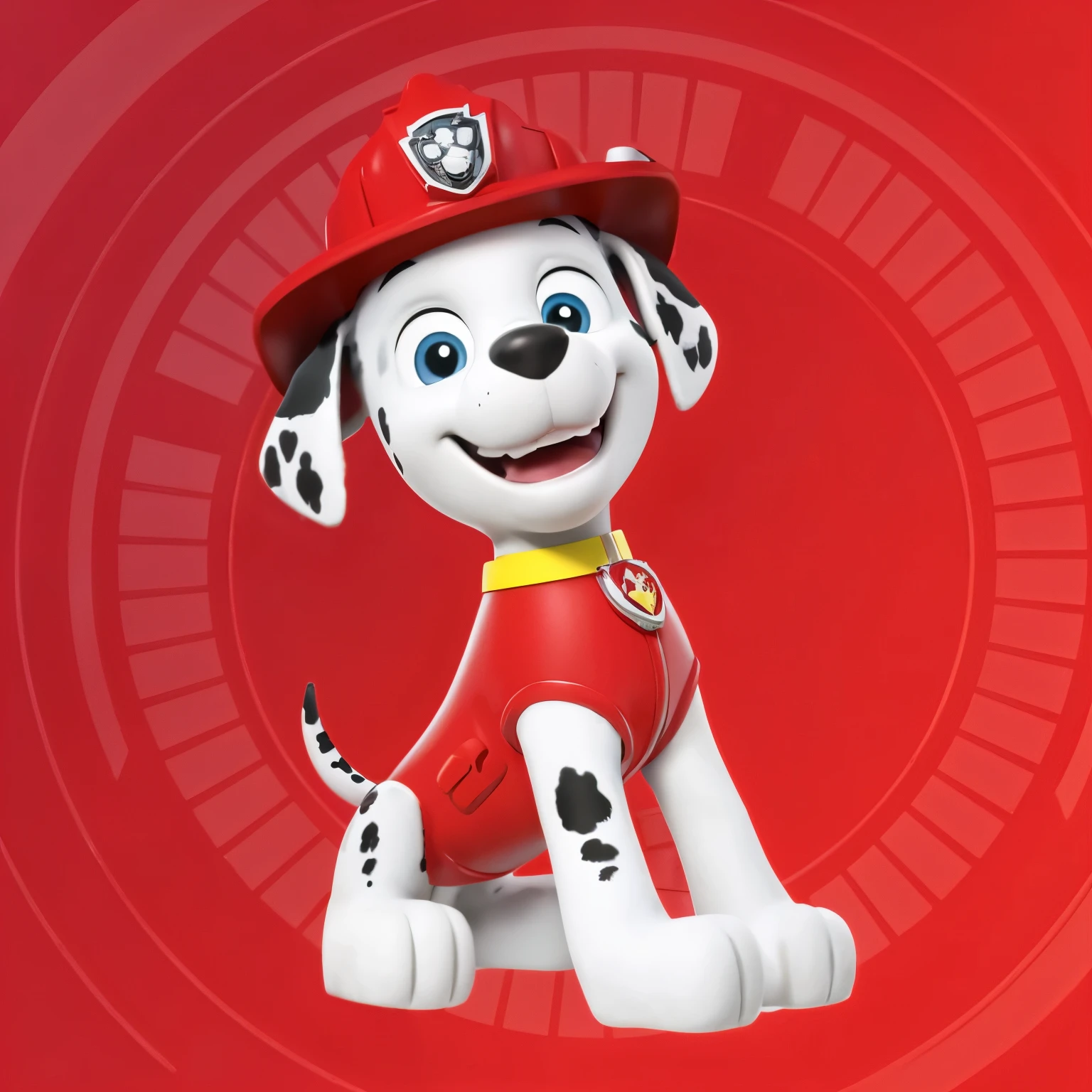 Create an image of Marshall, the fire rescue pup from Paw Patrol. He is a Dalmatian with white fur covered in black spots. He wears a red firefighter helmet with a yellow paw print badge on the front, and a red vest with a firefighter emblem on the side. His ears are floppy, and he has a big, friendly smile with his tongue slightly out. Include his red pup-pack, which has a water cannon for firefighting. The background should be in Adventure Bay, with a fire truck or a fire hydrant nearby, and a sunny, cheerful atmosphere. The style should be colorful, realistick, and suitable for young children