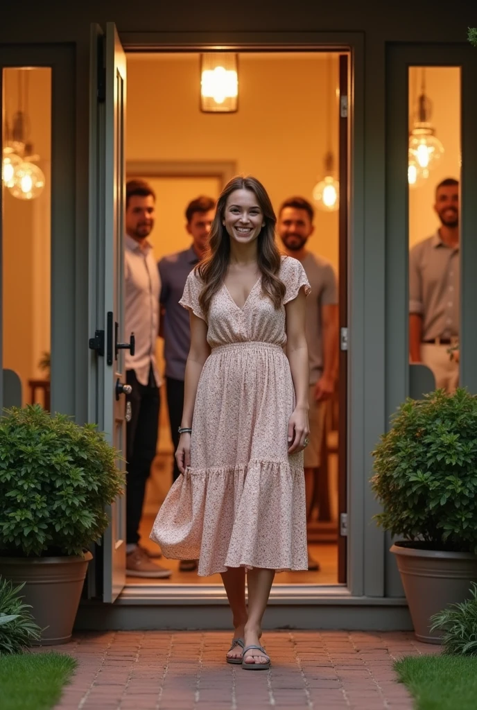 House Entrance: A woman opens the door to her husband's four male friends., everyone smiling as they stand in the entrance of a well-lit and welcoming home.