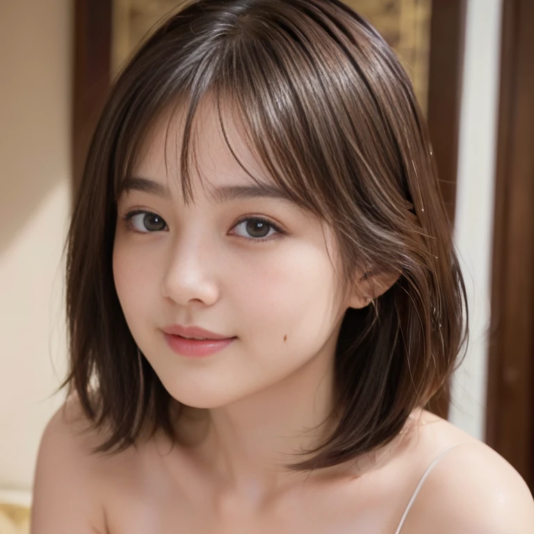 highest quality, Realistic, 8K, High resolution, 1 Girl, woman, (Skin dents), (Portraiture:0.6), nice, ((White Background, Completely naked, Small breasts:1.65)), (Short brown hair, Parted bangs:1.4), Watching the audience, (1 Girl eyes Watching the audience:1.6), Realistic, (Bokeh), (Closed Mouth, smile:1.3), nice, Purelos Face_V1:1,