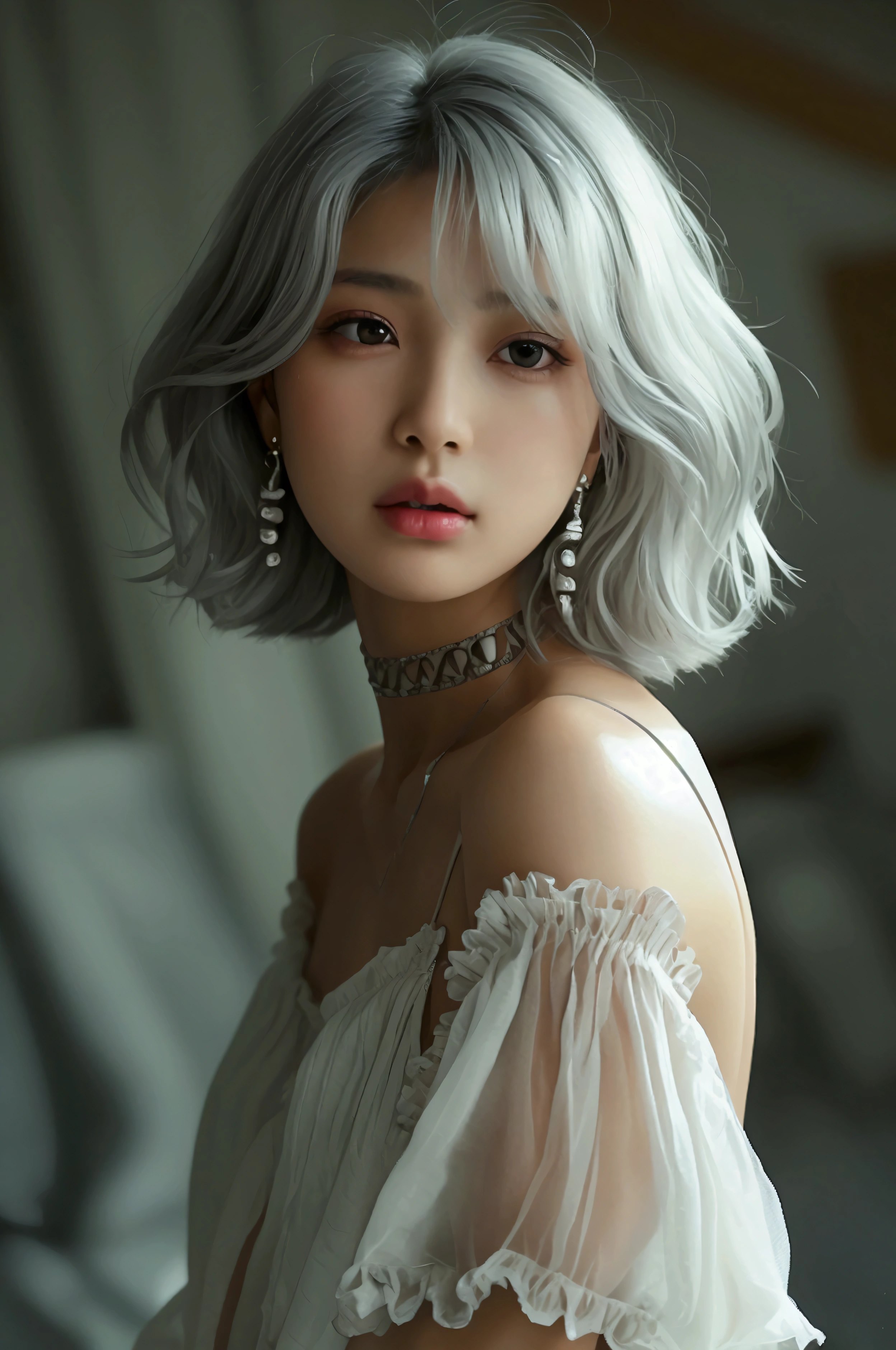 (8k, Realistic, RAW Photos, Highest quality: 1.4, detailed),A Japanese idol-like beautiful girl,model,1 person,18-year-old,(Short Bob),(Silver Hair :1.1),She has her hair tucked behind her ears,Large, clear gray eyes,Long eyelashes,(piercings(small)),(Lip gloss),lips(Plump,glossy),thin long neck,Thin and delicate shoulders,Ruffled sleeve blouse(shirring,Hemming out),Wide leg pants(Long length(Ankle-length :1.1)),Sandals on bare feet,studio,Front view,Full body portrait