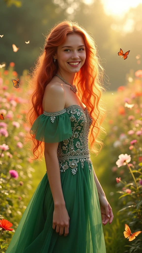 An ultra-realistic and highly detailed image of a teenage princess with pale skin, natural red and very curly hair. She is adorned with jewelry. Her dress is elegant and green with silver details. She is strolling through a very flowery and colorful garden. Butterflies and fireflies are flying around her. She is smiling broadly at the camera. The scene is set in the late afternoon. The image is captured with a Canon EOS R5 paired with an 85mm f/1.4L IS USM lens, ensuring stunning clarity and rich details. The lighting is soft and warm, with the late afternoon sun casting a golden glow on the princess and the surrounding garden. The aspect ratio is 9:16, emphasizing the vertical composition