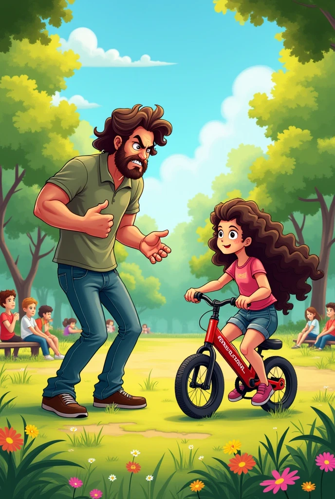 Very angry dad teaching his long curly haired daughter how to ride a bike