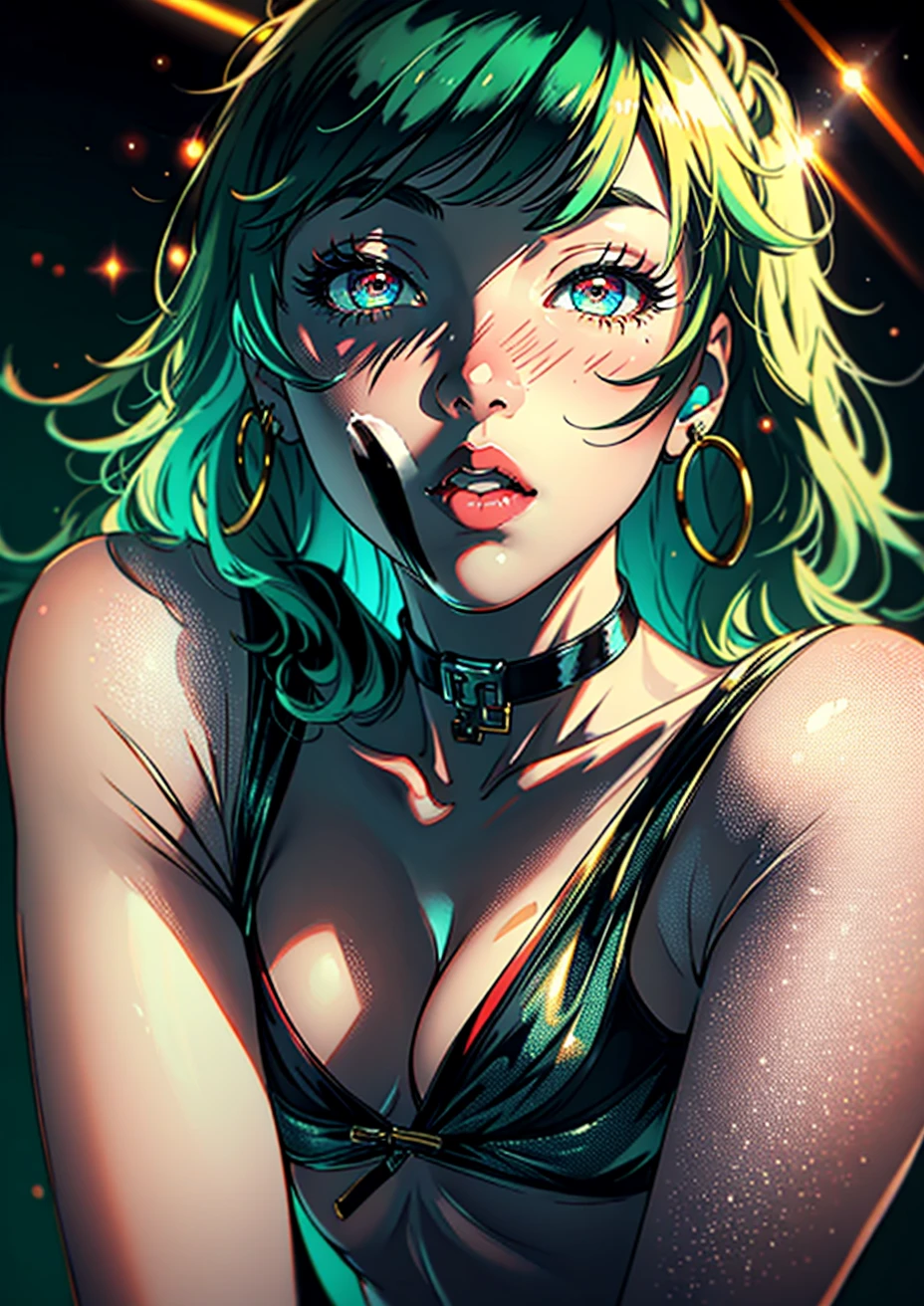 score_9, score_8_up, score_7_up, score_6_up, score_5_up, 1girl, solo, green hair, straight hair, long hair, red eyes, glowing eyes, sultry eyes, juicy lips, plump lips, soft blush, dolly face, eyelashes, natural eyebrows, eyeliner, curvy, large breasts, thick ass, pale skin, black choker, earrings, black thin bikini, standing sexily, bedroom background, cinematic lightning, very detailed clothes, very detailed face, very detailed eyes, very detailed hair, ultra, best quality, masterpiece, looking at viewer, in love with the viewer, closed mouth.