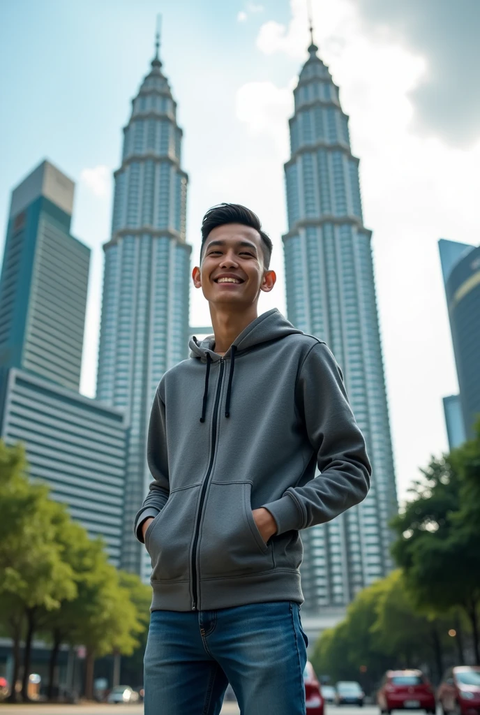 hyper-realistic Indonesian man, 18 years old, thin and short (short) wearing a hoodie and jeans, casual shoes ,model rabbit (short slicked back) background Petronas Towers