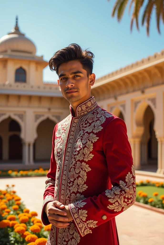 A handsome 23 years old Indian healthy Rajput boy wearing a modern Rajputi Chola Pajama.