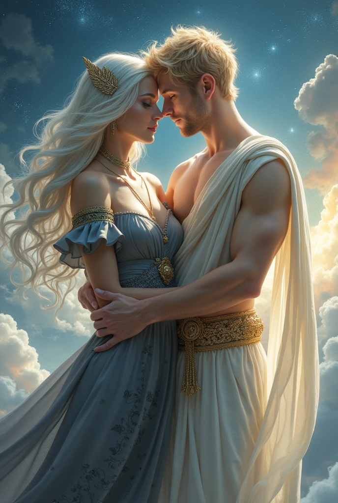A two gods embracing each other, the girl has grey eyes and white hair while wearing grey with black clothes, and the guy has blonde hair and blue eyes, face like an angel and wearing white toga and gold, he has no beard.