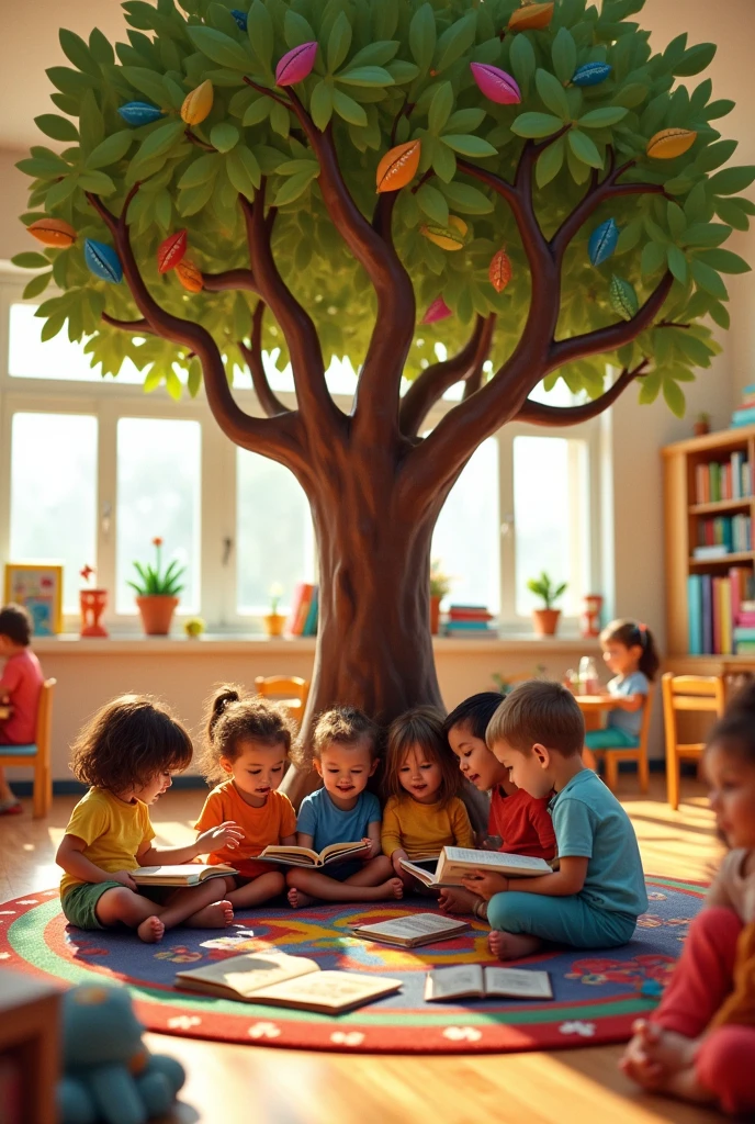 Create a classroom with some children with ruddy skin, they are on the floor with their books and notebooks smiling and interacting with each other, the environment is welcoming, in the background there are children playing next to their tables that are leaning against the walls, there is a tree in the middle of the room coming out of the floor and in this tree in its leaves and branches there are several books