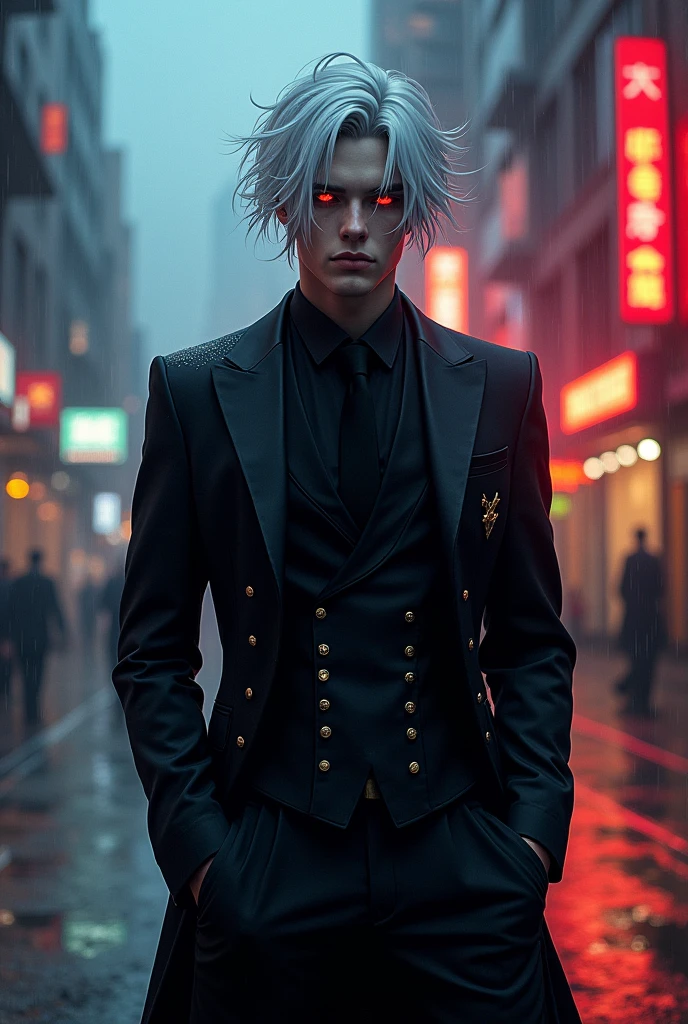 Male with red eyes and white hair. The same hairstyle of Lucifer Morningstar from hazbin hotel.