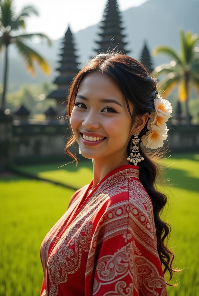 a beautiful woman wearing traditional bali 
clothes, red and white with an Indonesian.