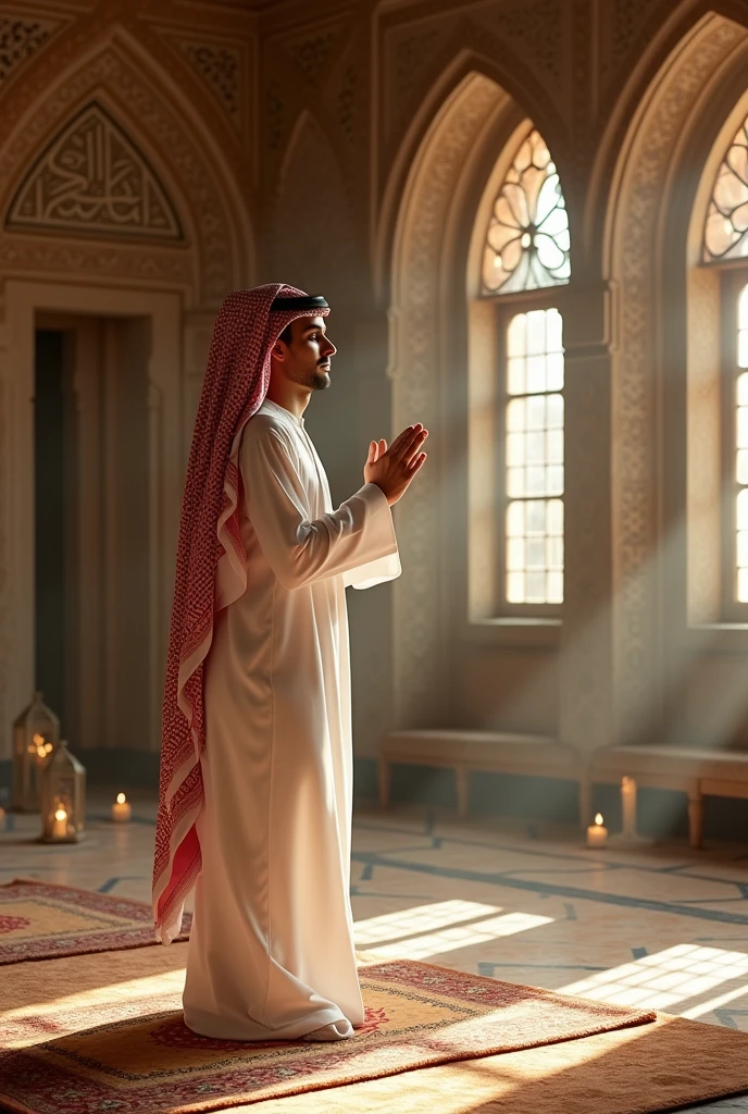 Create a wonderful image of  a young man he is wearing full arab dress and he is standing a beautiful room and pray  to allah