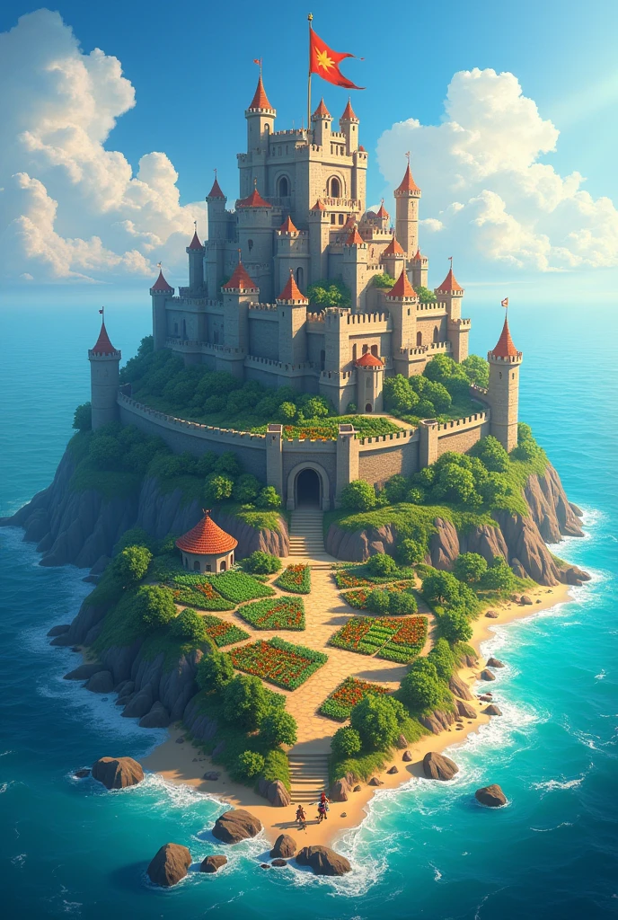Like a fortress seen from above in the clash royale theme. This fortress is at the same time an island . Grande de plusieurs hectares comme dans SNK . On peut cultiver et tout dedans