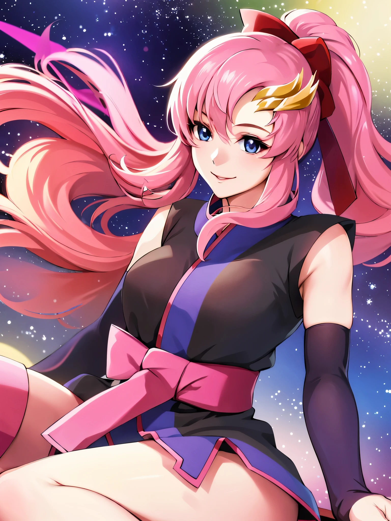 Armpit Show,masterpiece, highest quality, High resolution, Lacus 3, One girl, alone, Lacus 3, Pink Hair, Short kimono, blue eyes, hair ornaments, Very long hair, Black sleeves, No sleeve, kimono, bow, Black kimono, hair bow, ponytail, Floating Hair, Hair between the eyes, medium Breasts, Sitting, Sheet, Spaceship, smile, Underarm,, armpit, lttle biceps