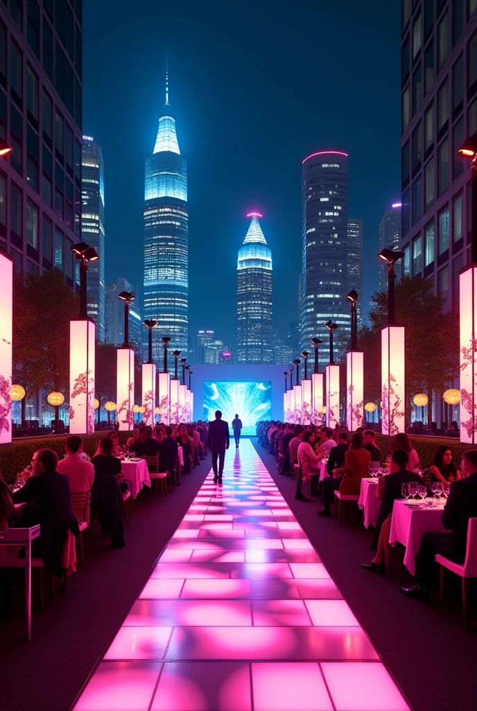 Image of a fashion showrunway setup which has a cityscape backdrop, zebra crossing on the ramp and restro bar setup with the audience and street polls and traffic signal poles at the sides