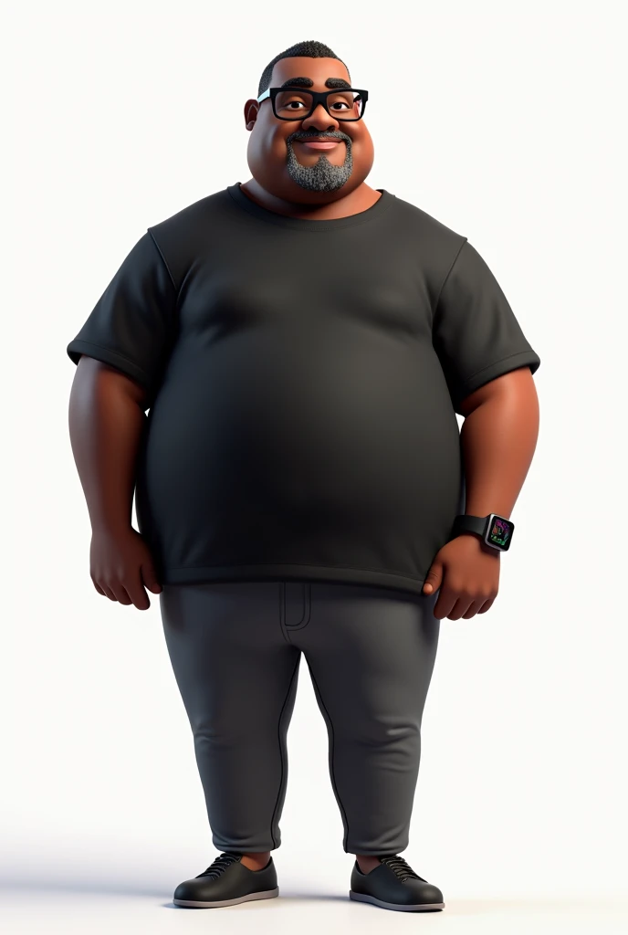 Create a full-body stylized 3D cartoon character of a middle-aged black man with a slightly overweight build. Render the character in a 'Pixar-like' or '3D Cartoon' style using 'Arnold Maya' or 'Keyshot Toon' engines for high-quality animation. Ensure the rendering includes detailed textures, detailed skin, a clay-like finish, and bokeh effects at 8K resolution (or the highest available). Use cinematic lighting with soft, diffused light to enhance skin details, and set the focus to be sharp, with the character fully in focus, and apply bokeh effects if there's any background (which should be transparent). Position the camera at a frontal angle to capture the character's face and full body. The character should have a friendly expression but without a smile, very short hair without a topknot, a trimmed and sparse beard with white hairs on the chin, two prominent vertical wrinkles on the forehead between the eyebrows, and a dark brown skin tone with a warm undertone. He should be equipped with modern black reading glasses, an oversized black t-shirt, dark gray pants without a belt, and a black smartwatch on his wrist.