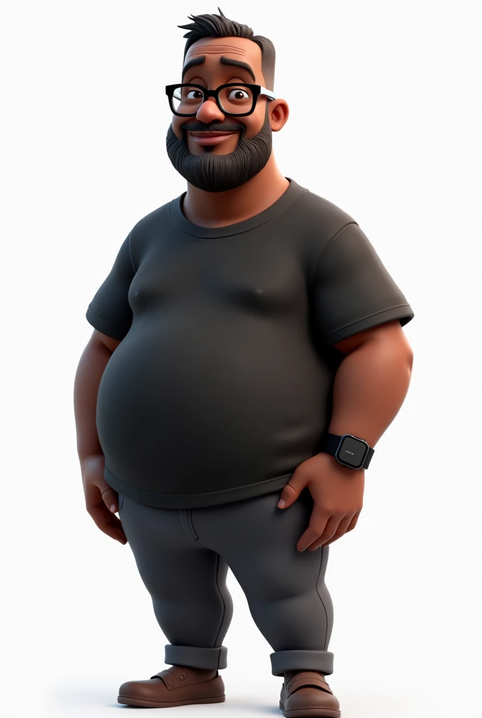 Create a full-body stylized 3D cartoon character of a middle-aged black man with a slightly overweight build. Render the character in a 'Pixar-like' or '3D Cartoon' style using 'Arnold Maya' or 'Keyshot Toon' engines for high-quality animation. Ensure the rendering includes detailed textures, detailed skin, a clay-like finish, and bokeh effects at 8K resolution (or the highest available). Use cinematic lighting with soft, diffused light to enhance skin details, and set the focus to be sharp, with the character fully in focus, and apply bokeh effects if there's any background (which should be transparent). Position the camera at a frontal angle to capture the character's face and full body. The character should have a friendly expression but without a smile, very short hair without a topknot, a trimmed and sparse beard with white hairs on the chin, two prominent vertical wrinkles on the forehead between the eyebrows, and a dark brown skin tone with a warm undertone. He should be equipped with modern black reading glasses, an oversized black t-shirt, dark gray pants without a belt, and a black smartwatch on his wrist.