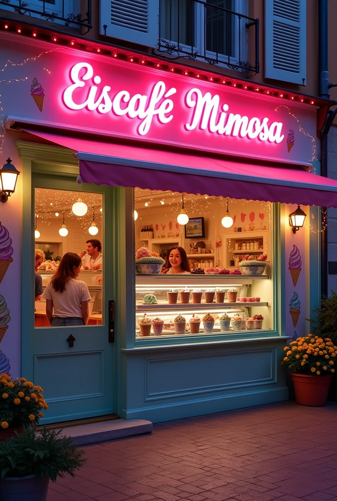 create a picture of an ice cream parlor, where it says EiscafeMimosa! The name should be illuminated by LEDs 