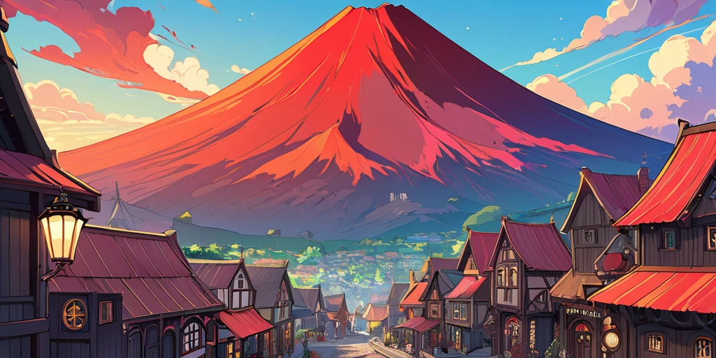 Draw a lofi anime poster, village, volcan, Steampunk Decoration, faire, lumière, a beautiful color palette in black red, couleurs saturées vibrantes, ouvrages d'art, days, animated theme