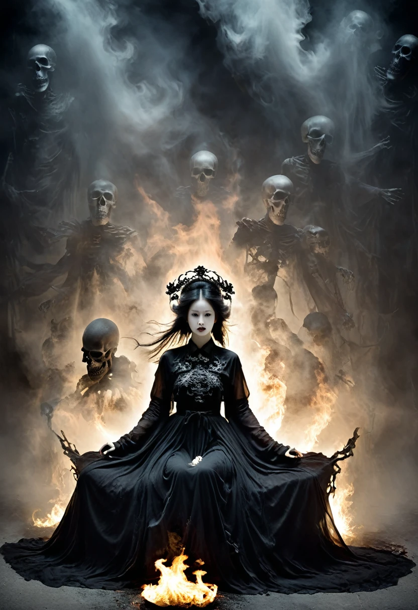 The picture is symmetrical, Symmetrical artistic double exposure style, Volumetric Lighting, Lean forward,light depth, Dramatic atmospheric lighting, Volumetric Lighting, Ghosting effect, Image combination,
(Practical, photoPractical),The girl sits on the throne, and Black flames spread around her from the center
(Black:1.2)
The girl is wearing a Hanfu made up of Black ghosts and skeletons. The Black ghosts and skeletons surround the girl, with Black flames burning and ghosts all around.
