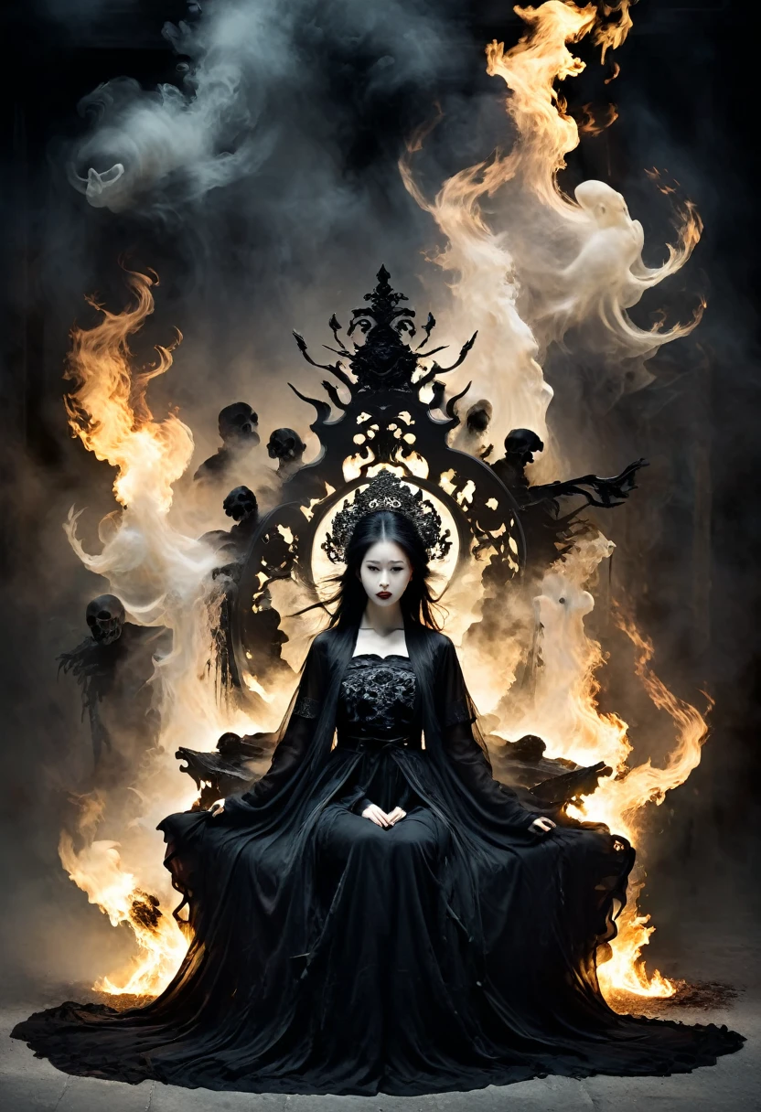 The picture is symmetrical, Symmetrical artistic double exposure style, Volumetric Lighting, Lean forward,light depth, Dramatic atmospheric lighting, Volumetric Lighting, Ghosting effect, Image combination,
(Practical, photoPractical),The girl sits on the throne, and Black flames spread around her from the center
(Black:1.2)
The girl is wearing a Hanfu made up of Black ghosts and skeletons. The Black ghosts and skeletons surround the girl, with Black flames burning and ghosts all around.