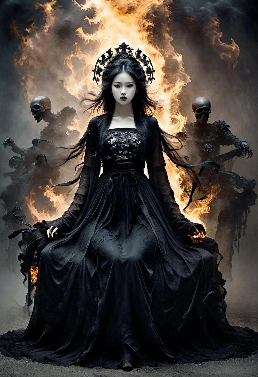 The picture is symmetrical, Symmetrical artistic double exposure style, Volumetric Lighting, Lean forward,light depth, Dramatic atmospheric lighting, Volumetric Lighting, Ghosting effect, Image combination,
(Practical, photoPractical),The girl sits on the throne, and Black flames spread around her from the center
(Black:1.2)
The girl is wearing a Hanfu made up of Black ghosts and skeletons. The Black ghosts and skeletons surround the girl, with Black flames burning and ghosts all around.