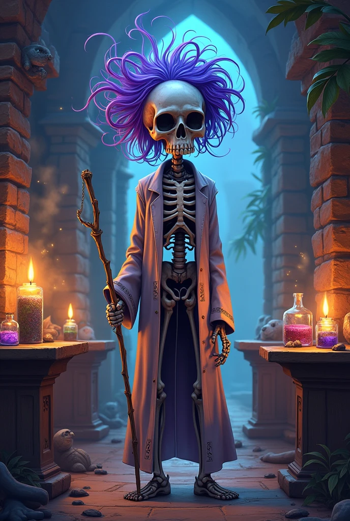 RPG tokens of a skeleton sorcerer with a large head with hair, With a lab coat